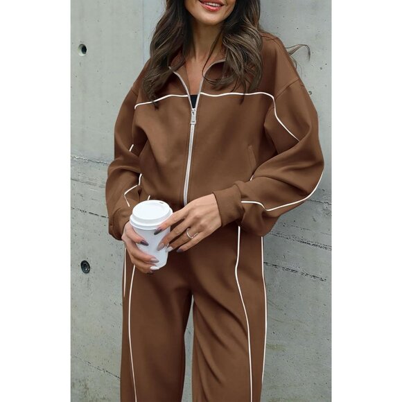 Women's Fall Two Piece Tracksuit Set Cozy Long Sleeve Zip Sweater Pants - Picture 4 of 8